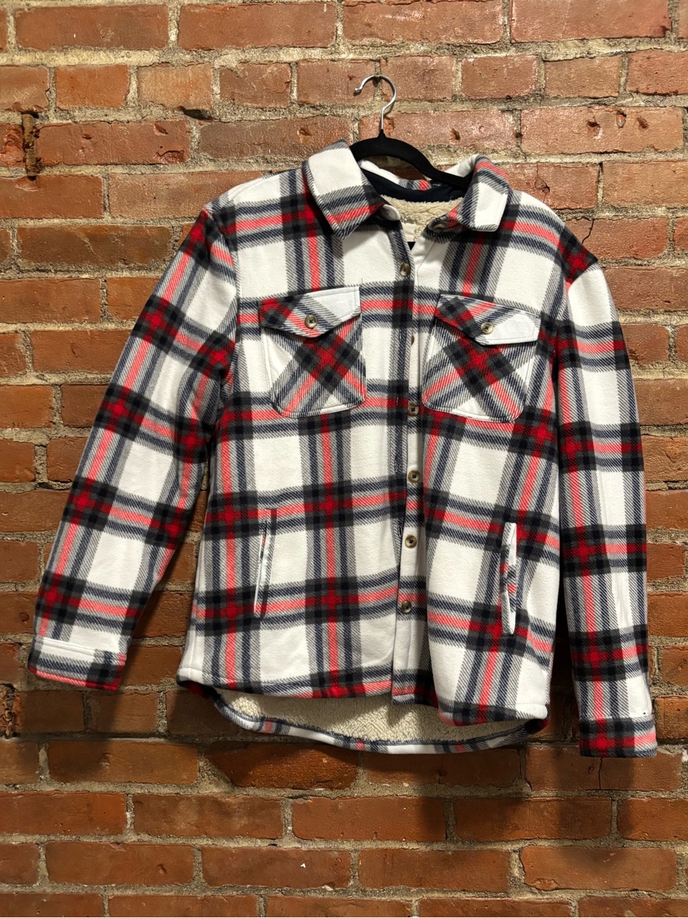 Women’s White, Red & Black Plaid Fleece Sherpa-Lined Shacket